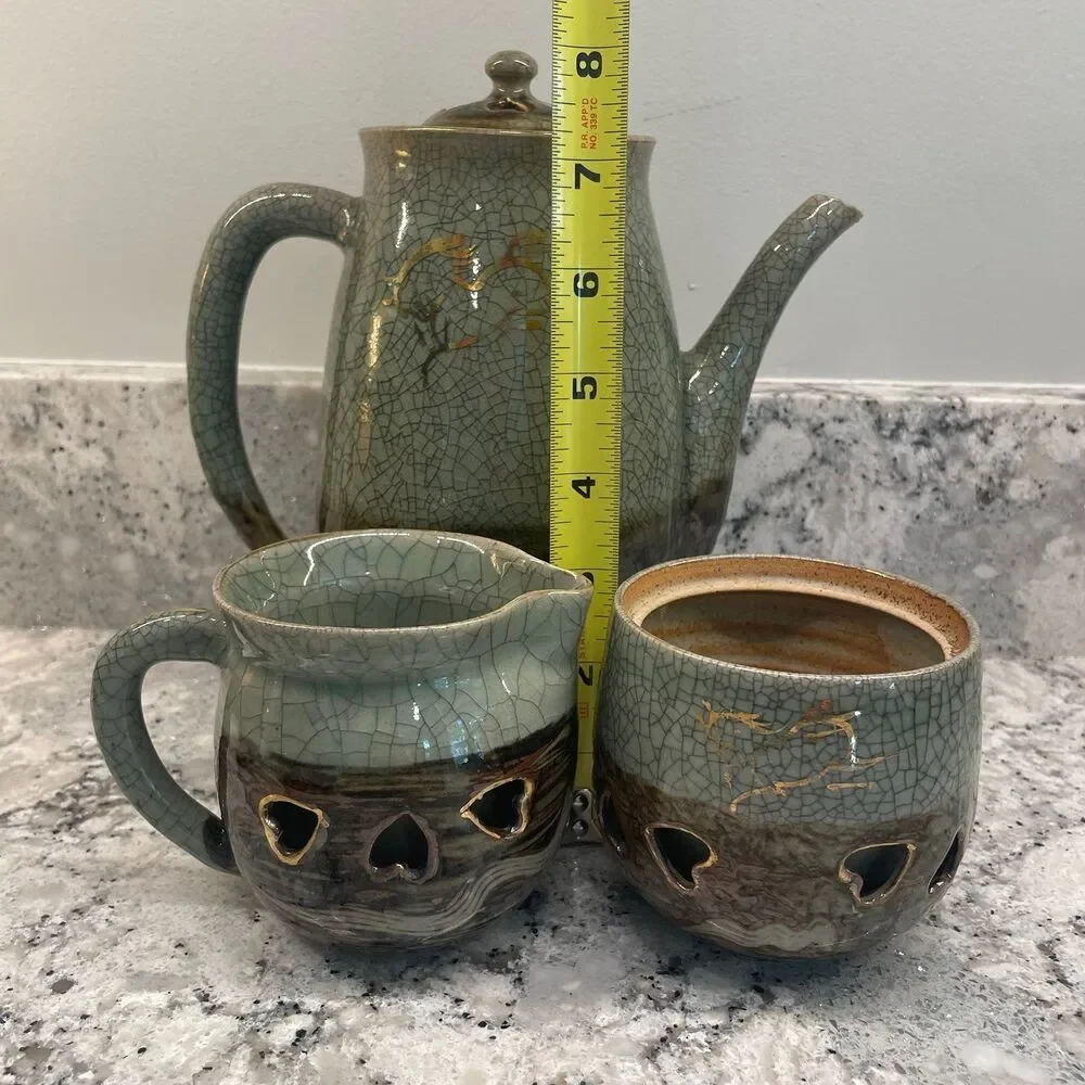 Vintage Somayaki Soma Ware Crackle Teapot Cream Sugar Double Wall Gold Horse